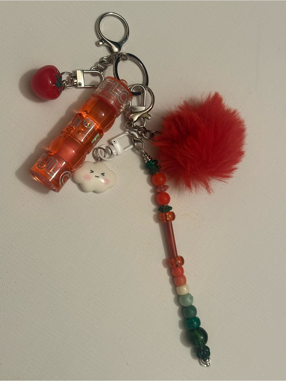 Cherry Tomato Red/Green Garden Fresh "Junk" Keychain w/ Gloss, Puff and Charms